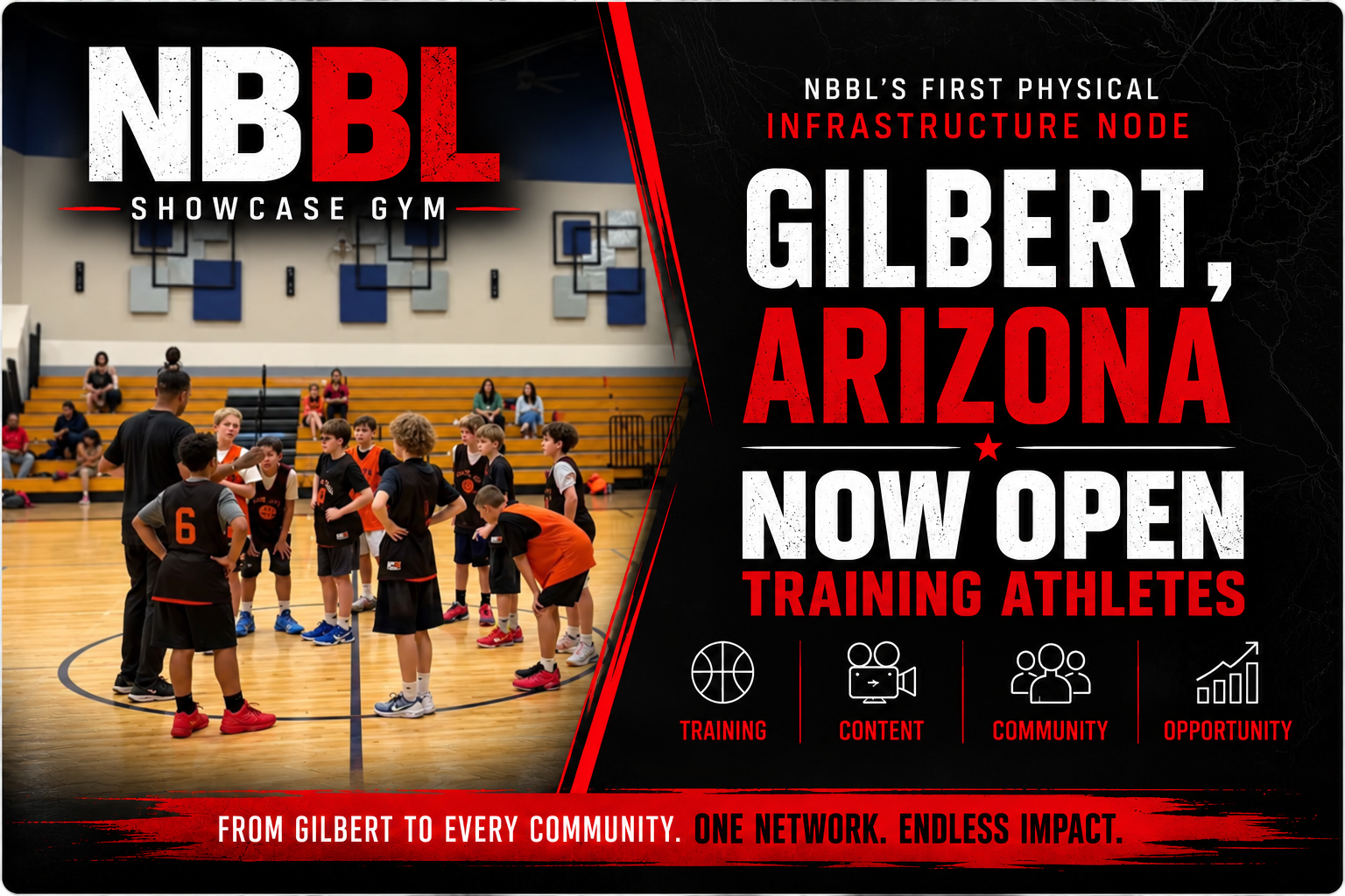 NBBL Showcase Gym in Gilbert, Arizona — operations begin September 1, 2026. Training, content, community, opportunity.